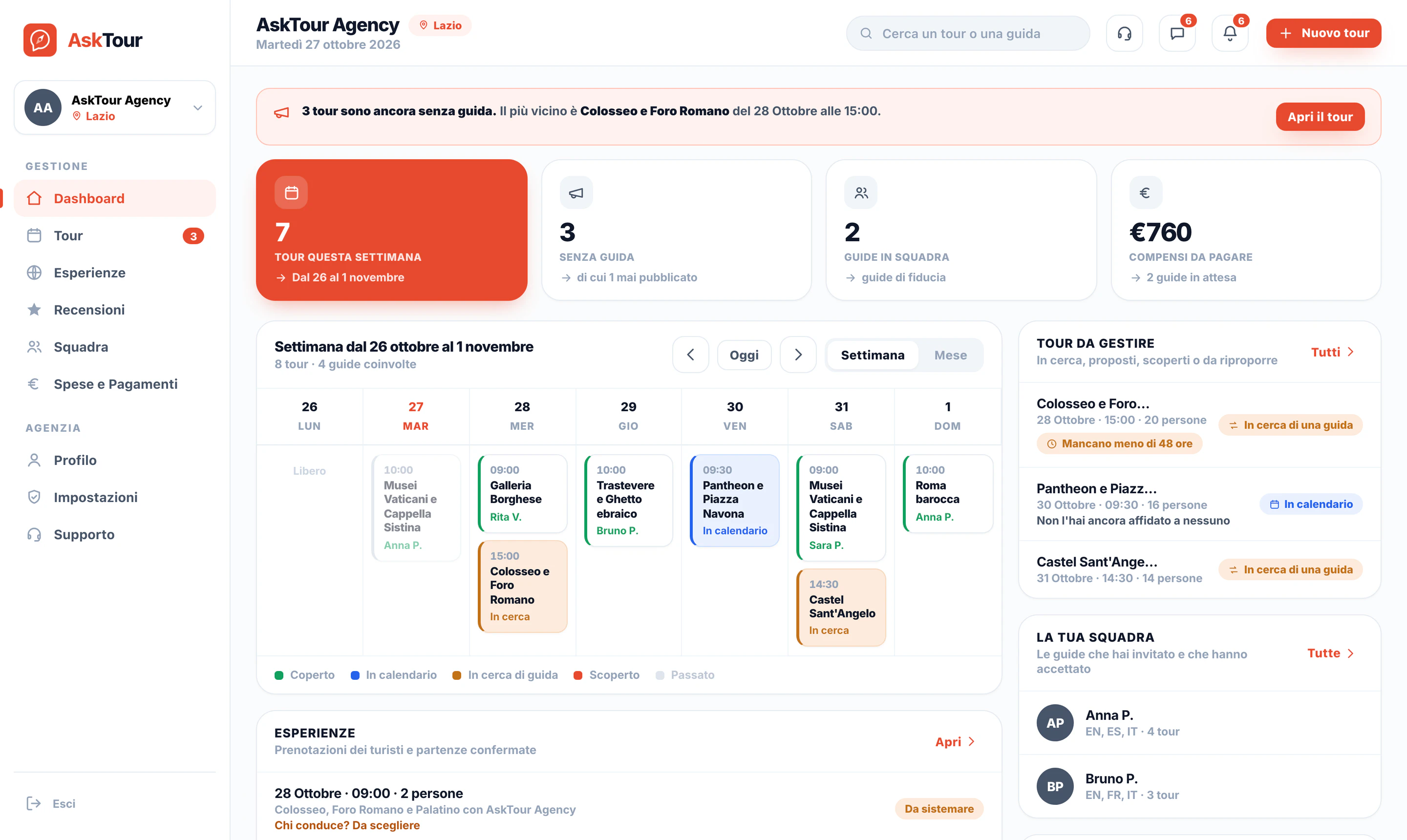 Il calendario della settimana nel gestionale AskTour per le agenzie, con i tour coperti e quelli in cerca di guida
