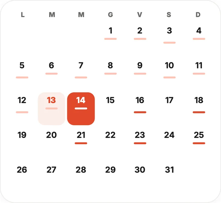 Il calendario del mese nell'app AskTour, con i giorni dei tour segnati