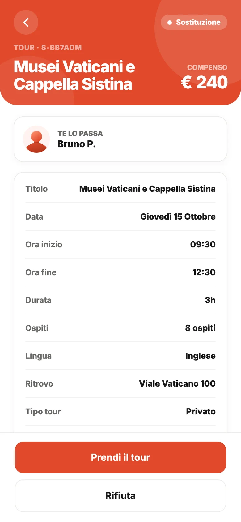 Il dettaglio di un tour su AskTour: data, orari, ospiti, lingua e ritrovo